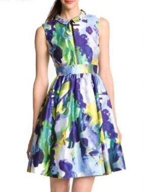 Kate Spade Floral Watercolor Fit-and-Flare Dress in Blue, Green & Purple